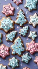 Colorful Christmas holiday dessert cookies arranged on blue background  