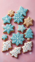 Colorful Christmas holiday dessert cookies on pink background  