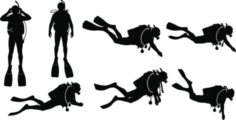 “Dynamic scuba diver silhouette collection showing swimming and underwater exploration poses, detailed vector illustration set for marine adventure, diving sports, and ocean-themed designs”