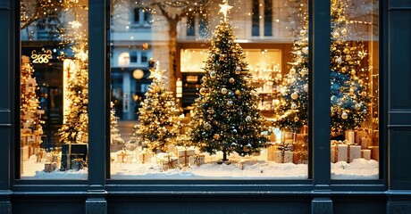 Festive shop window display. Christmas trees, gifts, lights create warm holiday scene. Snow covers ground outside.