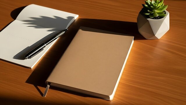 Overhead mockup of a kraft notebook on a honey-maple desk with a black pen, dotted planner paper, and a small concrete planter. Soft afternoon light creates calm, modern workspace styling.
