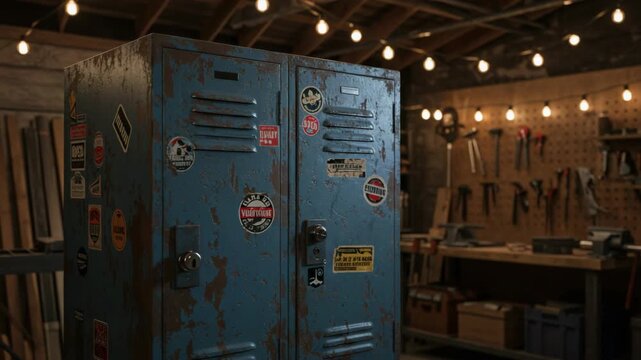 A cozy workshop featuring weathered blue lockers illuminated by warm string lights, with organized tools and woodwork enhancing the industrial ambiance.