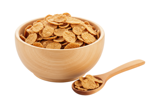 Round wooden bowl overflowing with golden cereal flakes, rustic spoon filled, on a seamless transparent background with copy space, soft studio light. Healthy breakfast food concept