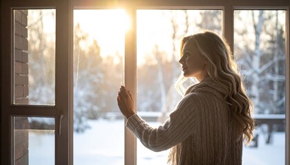 Woman Enjoying Golden Hour in Interior with Snowy Outdoor Scenery