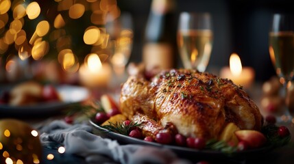 Golden roast turkey with cranberries and champagne, creating a festive and elegant holiday dinner atmosphere with bokeh lights.