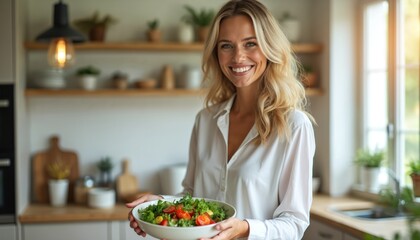 Happy blond woman smiles holding fresh salad bowl in modern bright kitchen. Prepares healthy organic food for diet plan. Adult female enjoys green vegetable meal as part of clean eating. Promotes