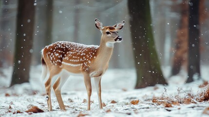 White-tailed deer standing in a snowy winter forest, peaceful wildlife scene in nature
