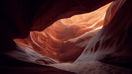 A dramatic view of a sunlit sandstone canyon, showcasing illuminated, swirling walls and a tranquil, sandy floor.