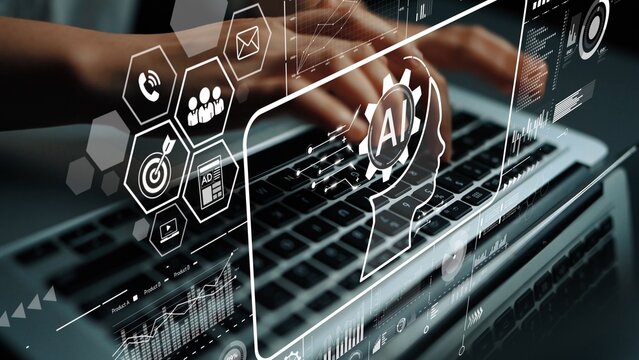 Close-up of hands typing on laptop with digital icons representing artificial intelligence and data analysis technology. Asymptotic smart data analytic.