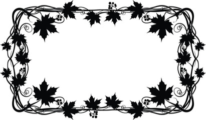 Ornate black monochrome vector silhouette of a rectangular decorative frame border made from stylized maple leaves, berries, and swirling branches, ideal for autumn labels or logos, isolated.
