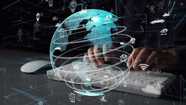 A compelling image depicting a digital globe surrounded by data icons, with hands engaged in typing on a keyboard, symbolizing global connectivity and technology advancements. Xenic