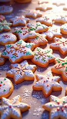 Christmas holiday dessert macro of decorated cookies on a table  