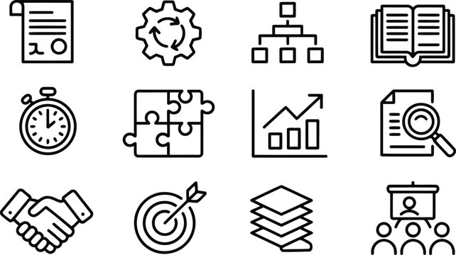 Outline icons showcasing various business concepts including processes, data analysis, and teamwork strategies