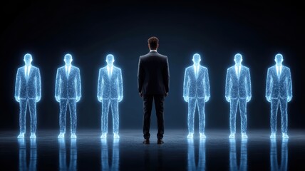 management team goal-setting. A man stands among glowing, holographic figures in a dark environment.