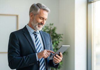 A mature businessman with grey hair and a beard, wearing a suit and tie, smiling while using a digital tablet in an office near a window.