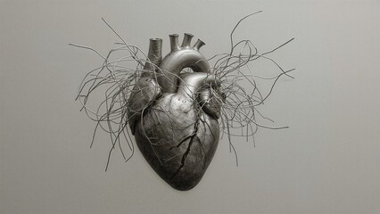 Broken heart with wires going out of it, tragic love or special medical conditions, heart or feelings problems concept