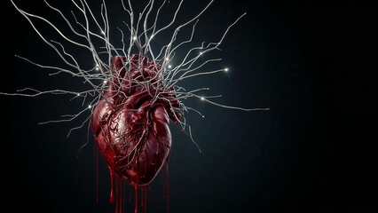 Broken heart with wires going out of it, tragic love or special medical conditions, heart or feelings problems concept