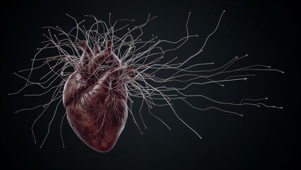 Broken heart with wires going out of it, tragic love or special medical conditions, heart or feelings problems concept
