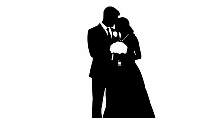 Silhouette of a couple in wedding attire embracing each other lovingly.
