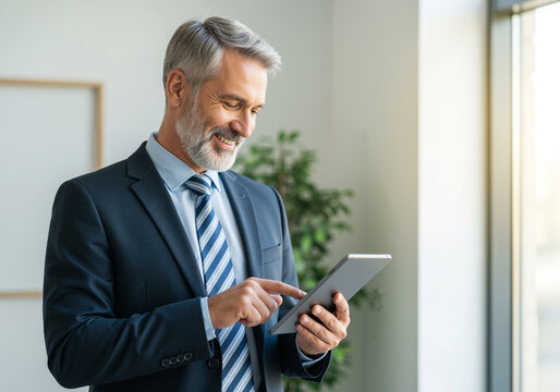 A mature businessman with grey hair and a beard, wearing a suit and tie, smiling while using a digital tablet in an office near a window.