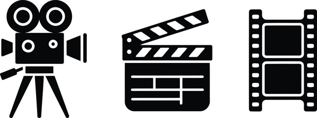 Set of classic film industry icons with a vintage movie camera, clapperboard, and filmstrip