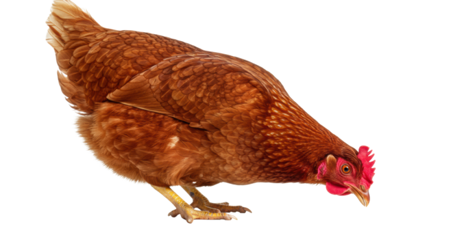 Healthy adult hen with reddish-brown feathers, bright red comb, pecking yellow feed, in a high-key studio with transparent copy space, natural poultry behavior concept