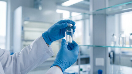 Fototapeta premium Scientist handling vial of life-saving medication in modern laboratory. World Cancer Day concept