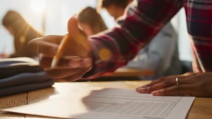 Students hand filling out an answer sheet with a pencil during an exam in a sunlit classroom
