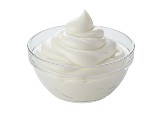 Clear glass bowl with creamy white whipped dairy product, soft peaks & glossy swirls, isolated on transparent background with soft studio light, concept for premium food advertising