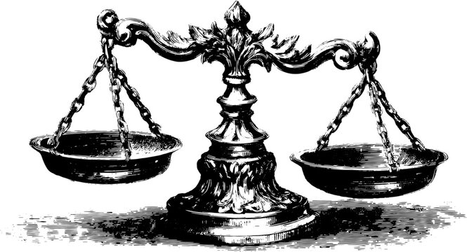 Classic scale illustration showcasing balance and judgment in a vintage style. A line art vector design emphasizes its traditional use.
