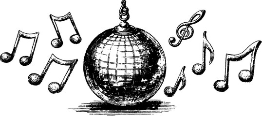 Vintage discoball with musical notes in a detailed vector illustration. This artwork captures the essence of celebration and entertainment in a classic style.