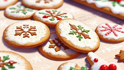 Christmas holiday dessert cookies decorated with icing on wooden background  