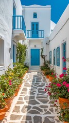Traditional Greek Cycladic Street with Blue Doors and Bougainvillea