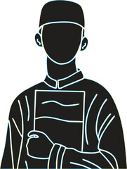 Black silhouette of a man wearing a cap and traditional clothing holding a book