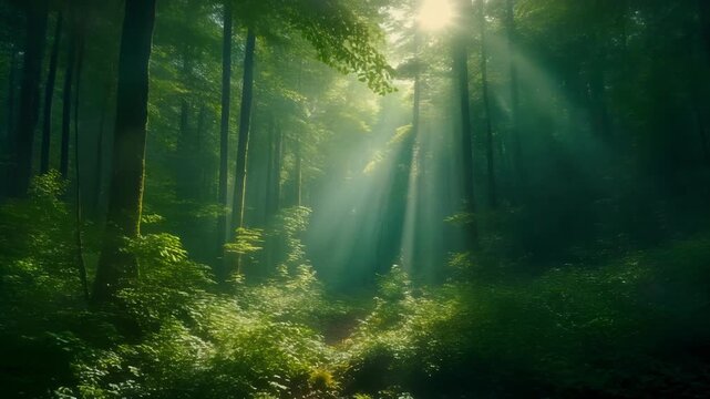 Sunlight Beams Through the Canopy of a Lush Green Forest onto a Forest Path nature sunbeams