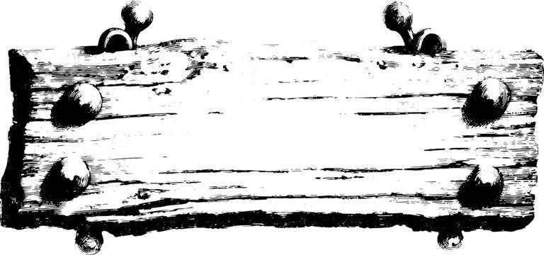 Vintage wood sign illustration. Simple black and white outline with decorative engraving effects in a vector design.