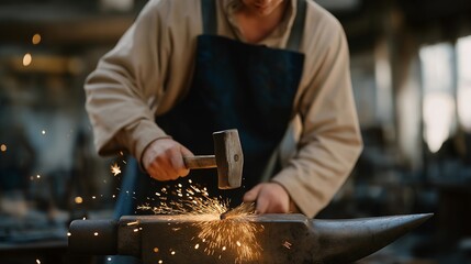 A metalworker forging glowing steel on an anvil, sparks exploding into the dark workshop as their hammer strikes with rhythmic power — traditional blacksmith craft, molten metal artistry, and