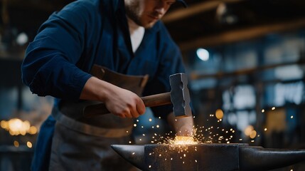 A metalworker forging glowing steel on an anvil, sparks exploding into the dark workshop as their hammer strikes with rhythmic power — traditional blacksmith craft, molten metal artistry, and