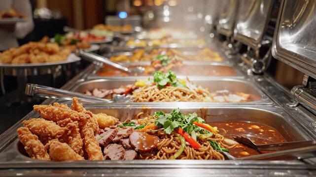 Hot buffet line with a variety of delicious asianinspired dishes, including fried chicken and noodles