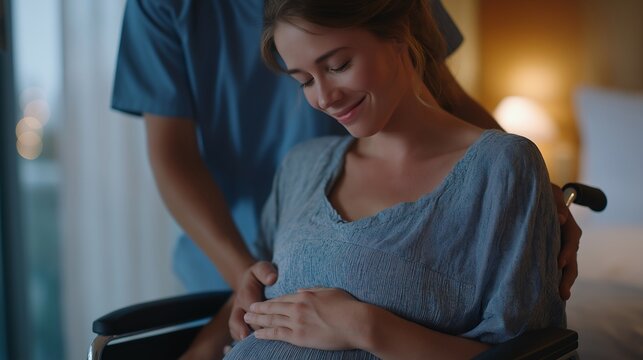 A pregnant person in a wheelchair being assisted into position for a prenatal ultrasound, highlighting inclusive maternity care and accessible medical spaces — adaptive healthcare, dignity in