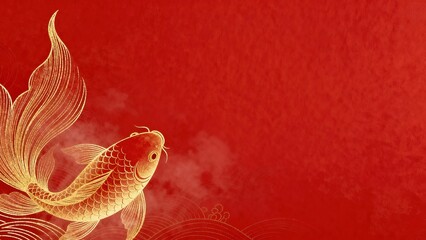 Golden Koi Fish Pattern on Red Background with Auspicious Clouds and Fireworks, Elegant Composition for Chinese New Year Celebration Design