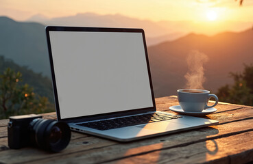 Empty laptop screen with steaming coffee and camera sits on wooden table. Mountain landscape at sunrise offers serene remote workspace for freelancer. Morning work enjoys nature.