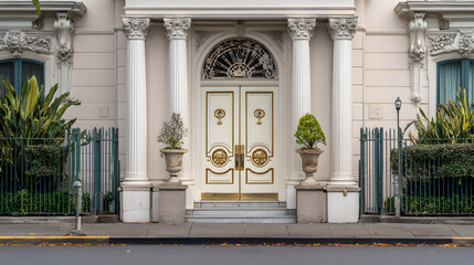 Fototapeta premium driveway. A grand mansion entrance featuring classical architectural details under a bright sky with scattered clouds. real-estate listings.