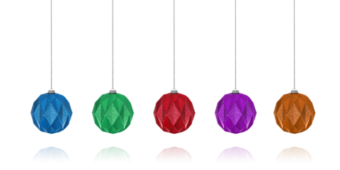 Set of Christmas decorative tree ornament in the shape of multicolored balls on a string, isolated on a transparent background with clipping path. Design element for Christmas card