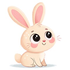 Obraz premium Cute cartoon baby bunny rabbit with big eyes and pink ears sitting, isolated on white background