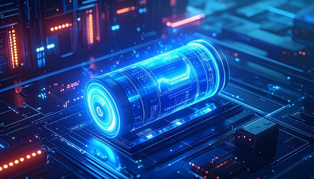 Illuminated technology core. Glowing cylinder displays digital waveform patterns on a circuit board background