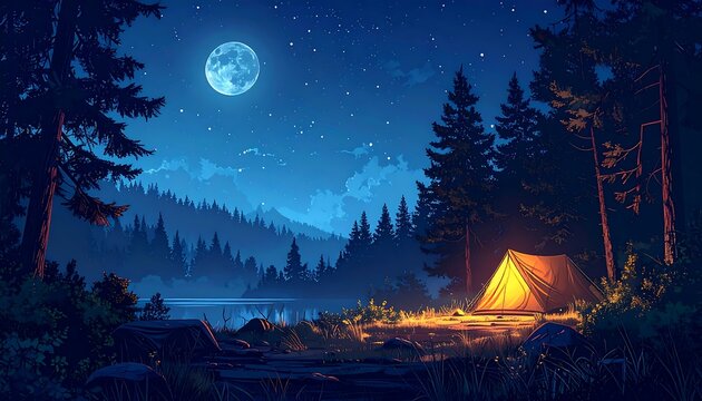 Illuminated tent glows in forest at night with starry sky, moon, and lake. Serene, quiet, and picturesque - Powered by Adobe