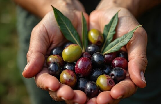 Hands hold freshly picked olives and leaves. Farmer shows harvest of black and green fruit. This healthy food is essential for Mediterranean diet and fine cuisine.