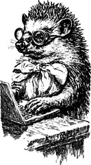 Hedgehog with glasses sitting at a computer, writing. A vintage vector illustration showcasing a quirky character in a scholarly style.