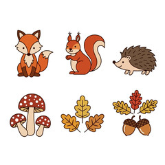 Fototapeta premium Stylized woodland creatures and botanical elements evoke autumnal charm illustration